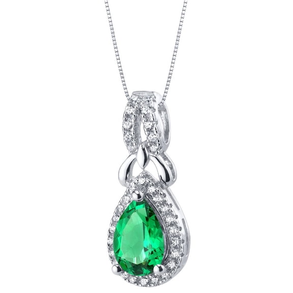PEORA Simulated Emerald Teardrop Regina Halo Pendant Necklace for Women 925 Sterling Silver, 1 Carat Pear Shape 9x6mm, with 18 inch Chain