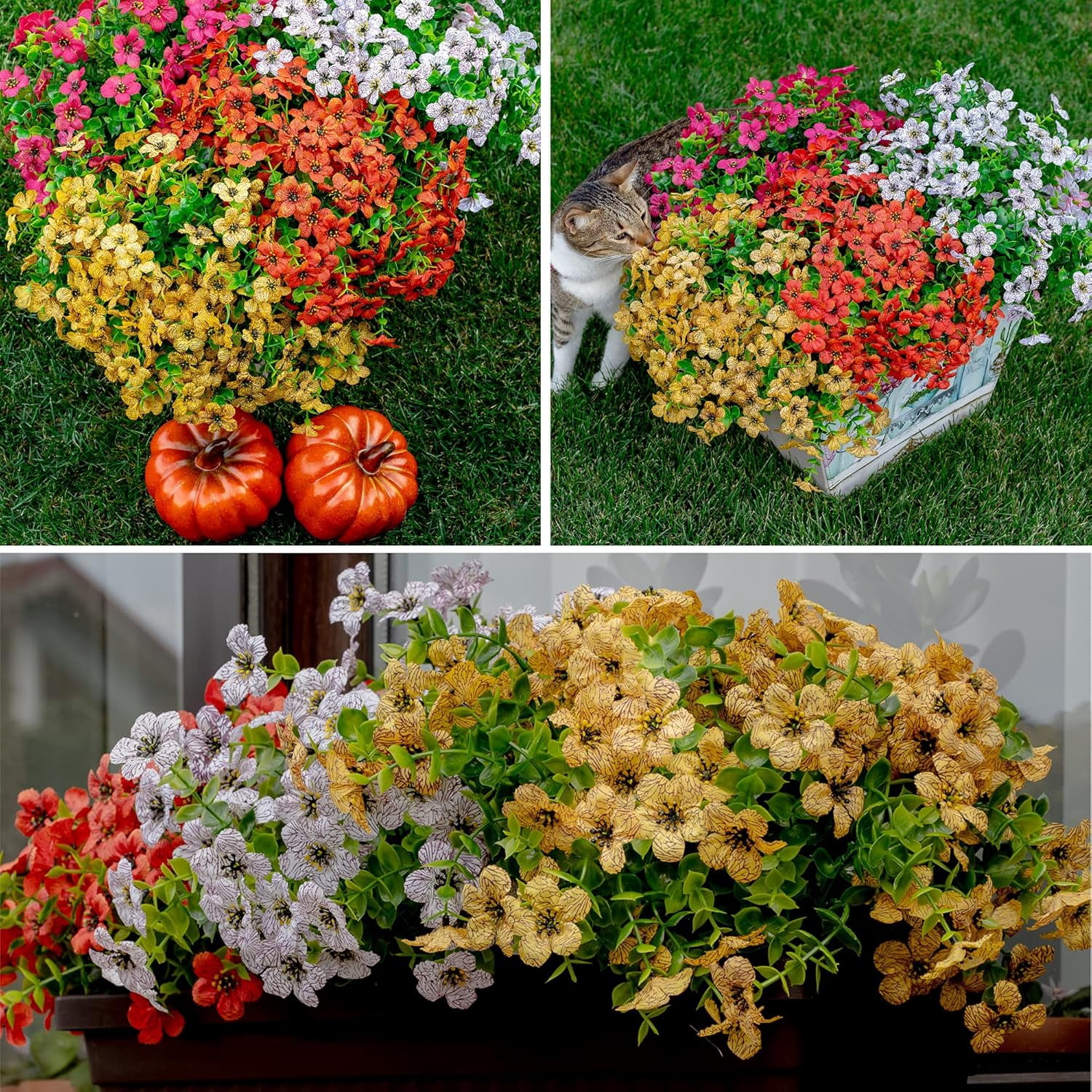Artificial Flowers for Outdoors, 12 Bundles Artificial Plants & Flowers Outdoor, UV Resistant Faux Flowers Outdoor Fake Flowers for Outside Porch Window Box Decoration