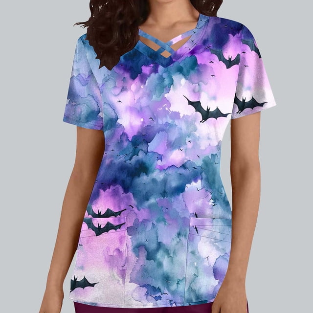 Mareep Blouse pour Femmes P-3TG Haut d'Allaitement Décontracté et Tendance d'Halloween Imprimé à Manches Courtes à Col en V avec Poche pour Femmes