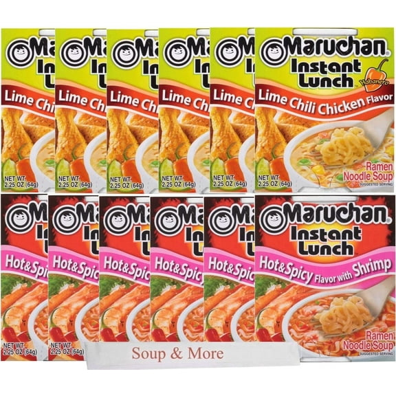 Maruchan Ramen Instant Cup Noodles 12 Count - 6 Hot & Spicy Shrimp Flavor & 6 Lime Chili Chicken Flavor Lunch / Dinner Variety, 2 Flavors
