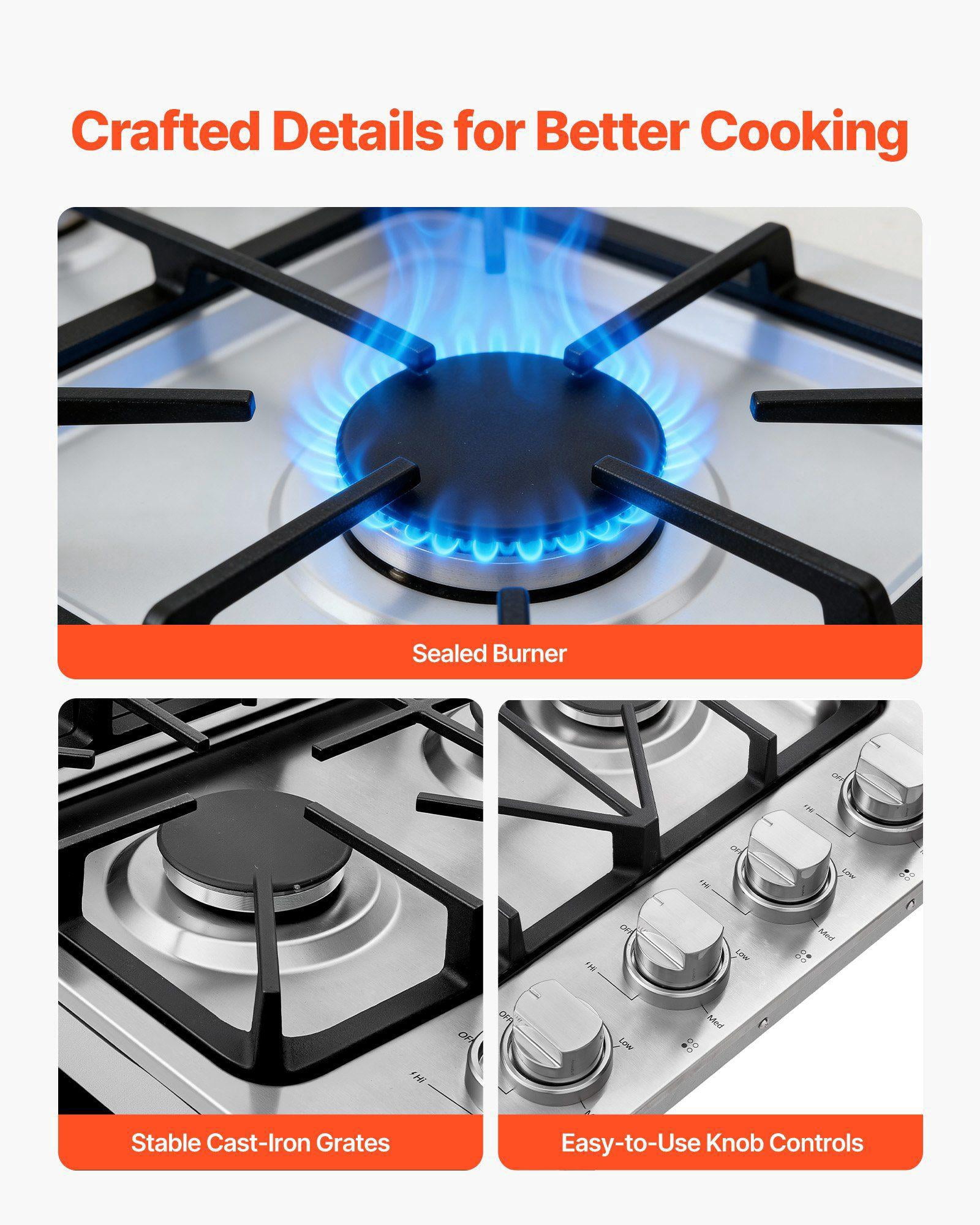 30 Inch 4 Burner Gas Cooktop 48000 BTU Stainless Steel Built In LPG NG Convertible Dual Fuel Sealed Burner Stove Top for Sear Stew Boil Stir Fry