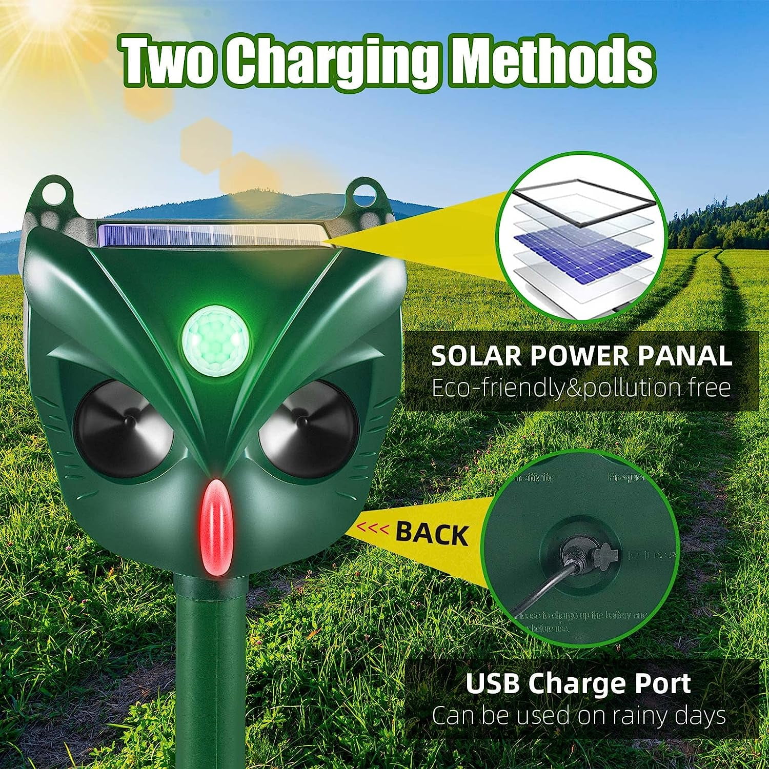 KingFurt  2-Pack Solar Ultrasonic Animal Repeller with Motion Detector and Flashing Lights, Waterproof