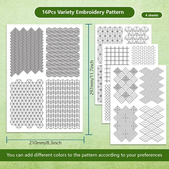 4 Sheets 16Pcs Geometric Water Soluble Embroidery Pattern Stick and Stitch Embroidery Paper Designs Embroidery Starter Kit for Beginners Craft Sewing Embroidery