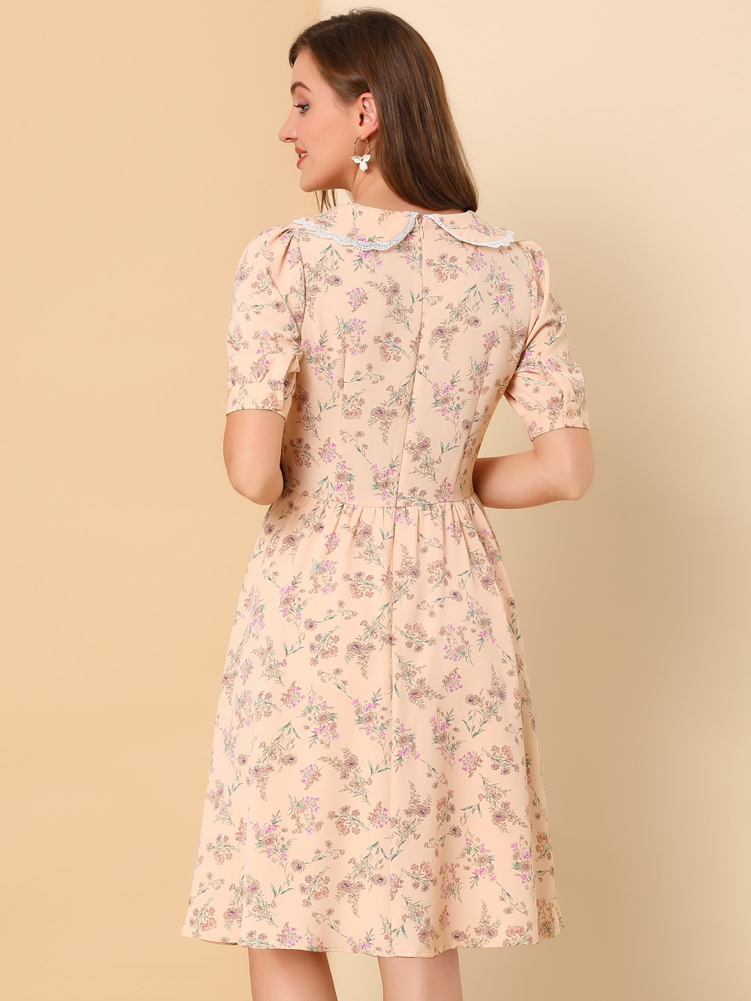 DARING DIVA Peter Pan Collar A-Line Flowy Midi Chiffon Floral Dress S Pink