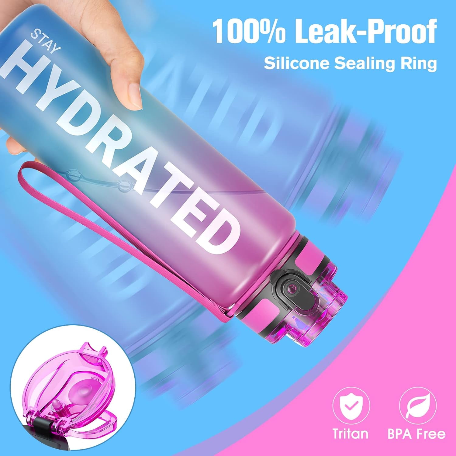 Water Bottle 32oz, Durable and Leakproof Water Bottles Motivational with Time Marker, Tritan, BPA Free, Wide Mouth with Easy Clean Brush for Gym, Travel, Home, School, Office (1 Bottle)