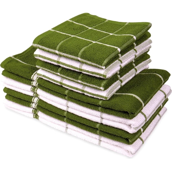 MALLOWEX Kitchen Towel and Dishcloth Set, Pack of 8 | 12 x 12 and 16 x 26 Inches | Super Soft and Absorbent Dish Towels | 100% Cotton Dish Rags for Drying Dishes | Quick Drying Tea Towels | Green
