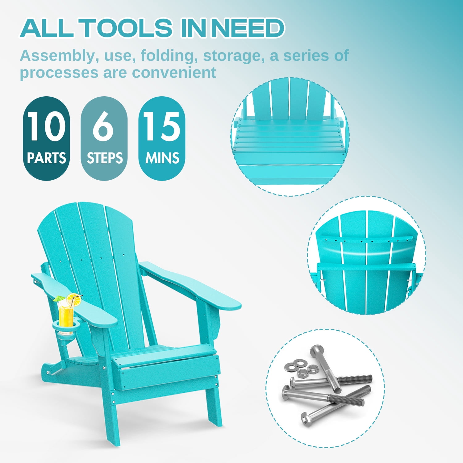 FODINGHILL Outdoor Folding Adirondack Chair set of 2, HDPE All Weather Patio Chair with Cup Holder for Deck Backyard Garden, Aqua