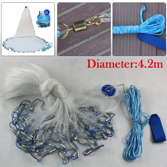 14FT Radius Hand Cast Fishing Net Easy Throw Fishing Net Spin Network Bait Trap Fish Large Mesh Sinker for Saltwater Freshwater Use (14ft/4.2m)
