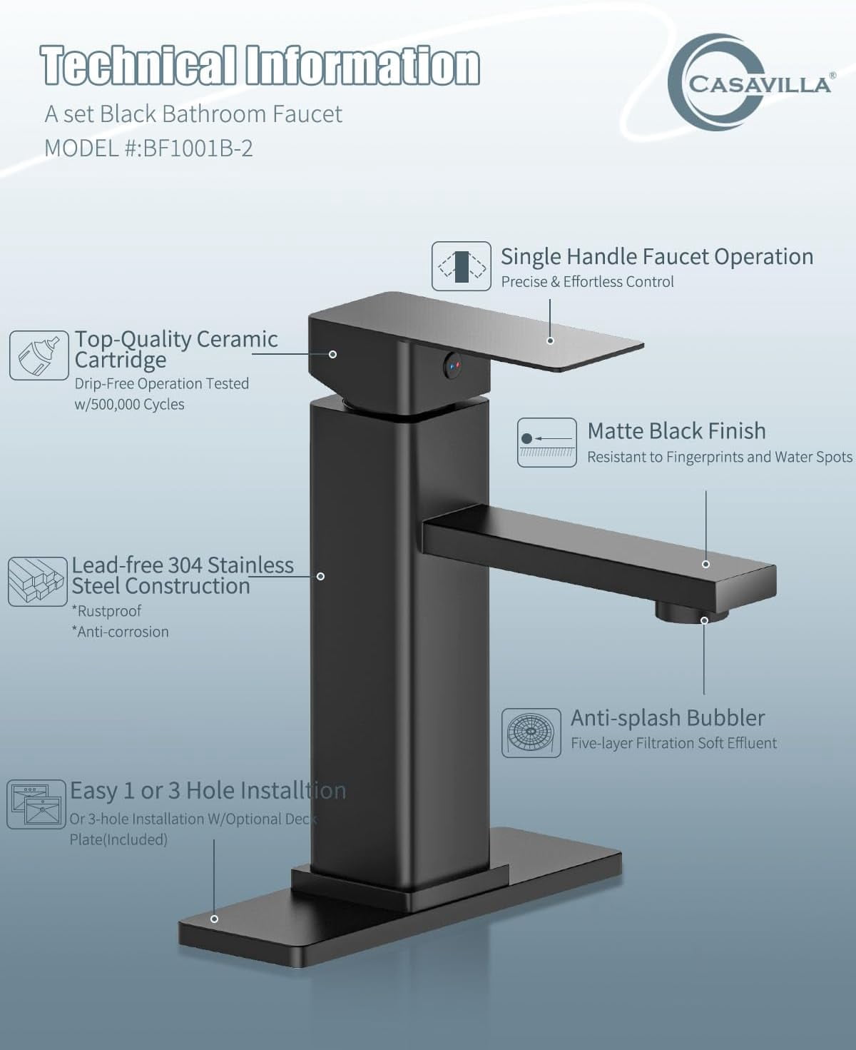 Bathroom Faucets Set with Pop Up Drain, Modern Single Handle Black Bathroom Sink Faucet w/Deck Plate(1 or 3 Hole), Farmhouse RV Vanity Sink Faucet-2 Sets, baño lavamanos Llave