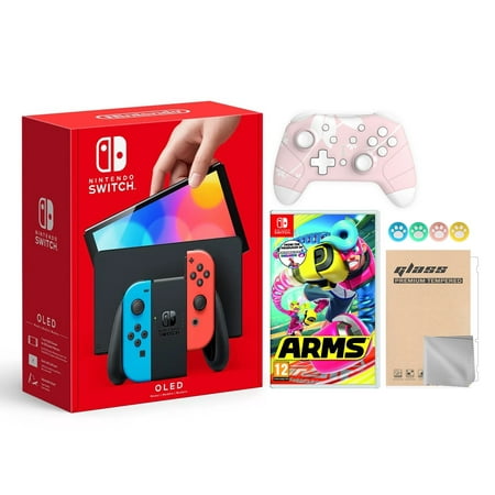 2021 New Nintendo Switch OLED Model Neon Red & Blue Joy Con 64GB Console HD Screen & LAN-Port Dock with Arms And Mytrix Wireless Switch Pro Controller and Accessories