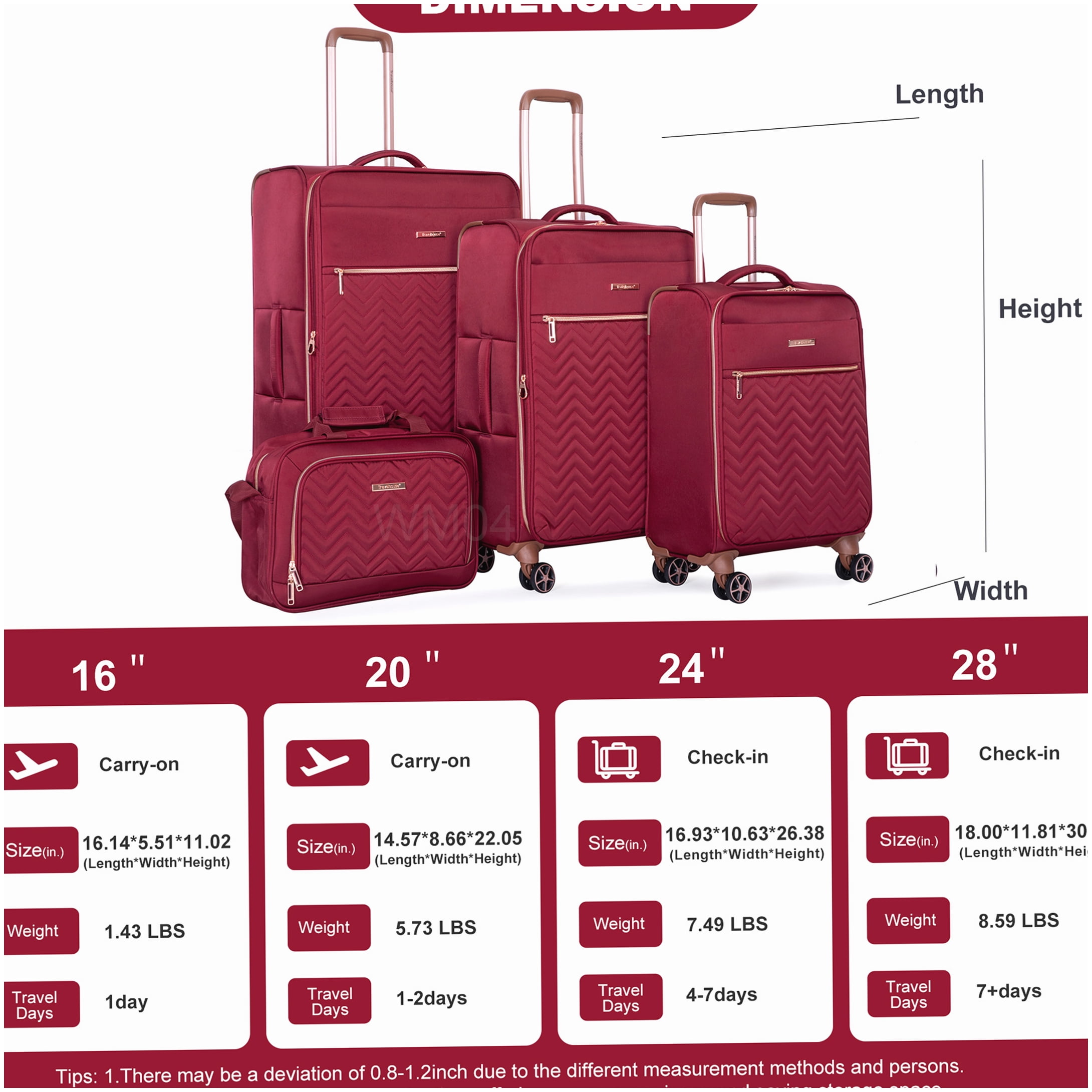 MANGIJOY Lightweight Polyester 4-Piece Luggage Set with 360° Spinner Wheels, Red Expandable Carry On and Checked Suitcases