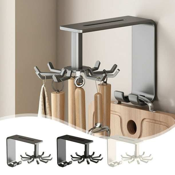 Colgaobjetos | Organizador de cocina giratorio de 360° | Garchos de acero inoxidable montados en la pared para cucharas, ollas, guantes | Ahorro de espacio sin instalación de taladros | Blanco o