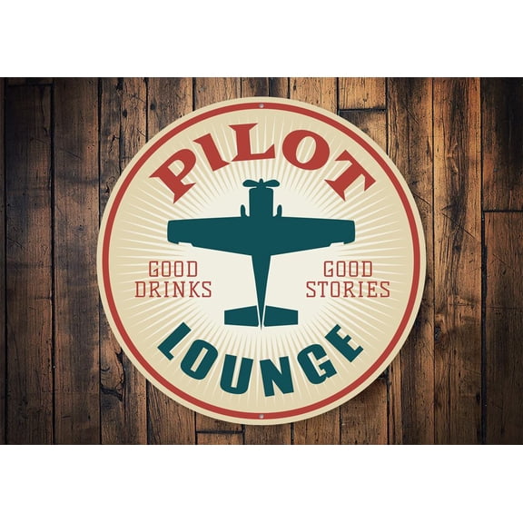 Pilot Drinks Lounge Hangar Novelty Decor, Metal Wall Sign - 12" Circle