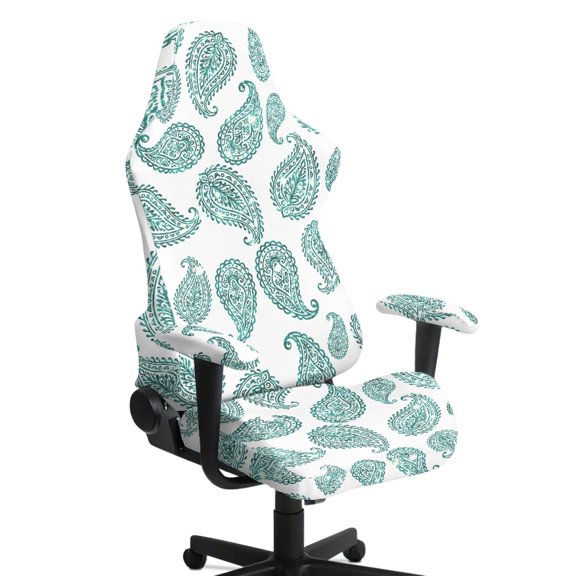 HELLHERO Teal Paisley Pattern Easy Install Office Chair Cover with Armrest Covers for Bedroom Home Office, Non Slip Water-Repellent Set of 4 Gaming Chair Seat Cover with Armchair Slipcovers