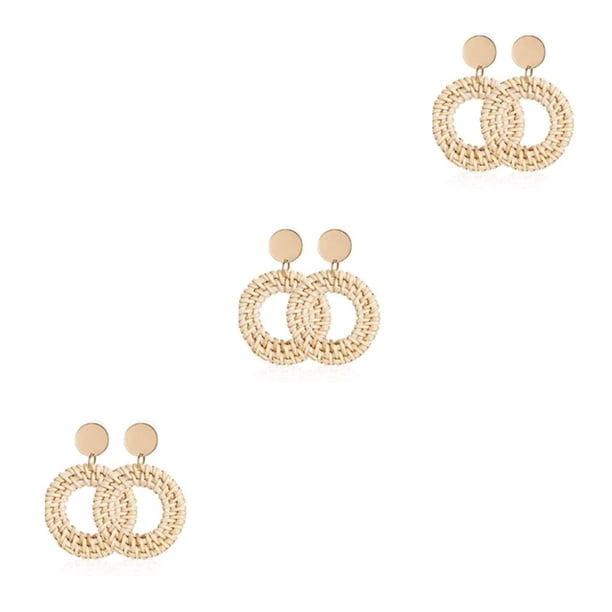 Jumpingount Artículos trenzados de ratán estilo nacional Retro occidental pendientes cómodos colgantes de oreja de moda joyería para mujeres Blanco durchschnittlicher Code 3piezas