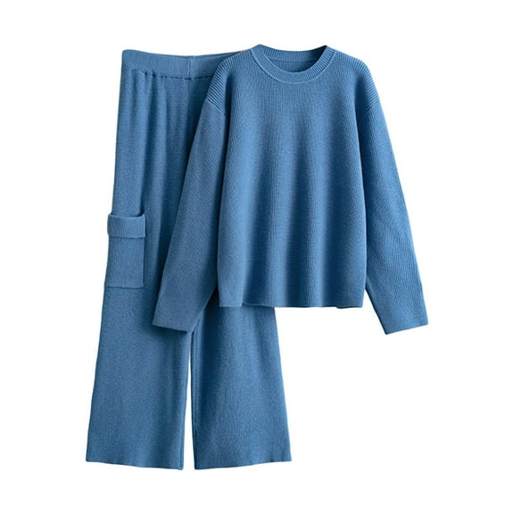 Women's Two Piece Sweater Lounge Set Long Sleeve Sweater Wide Leg Pants with Pockets Blue Free Size