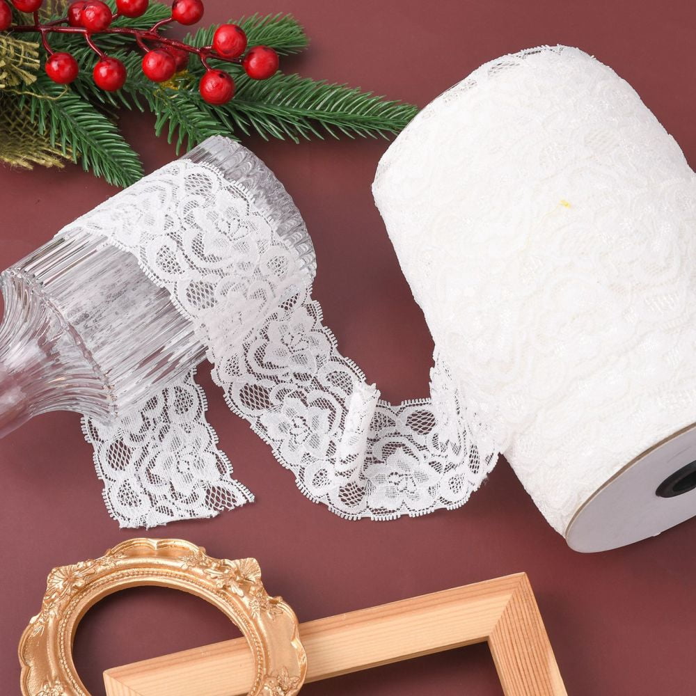 Lace Trim Nylon Stretch Ribbon for Jewelry Making White 2 inch(52mm) about 100yards/roll(91.44m/roll)