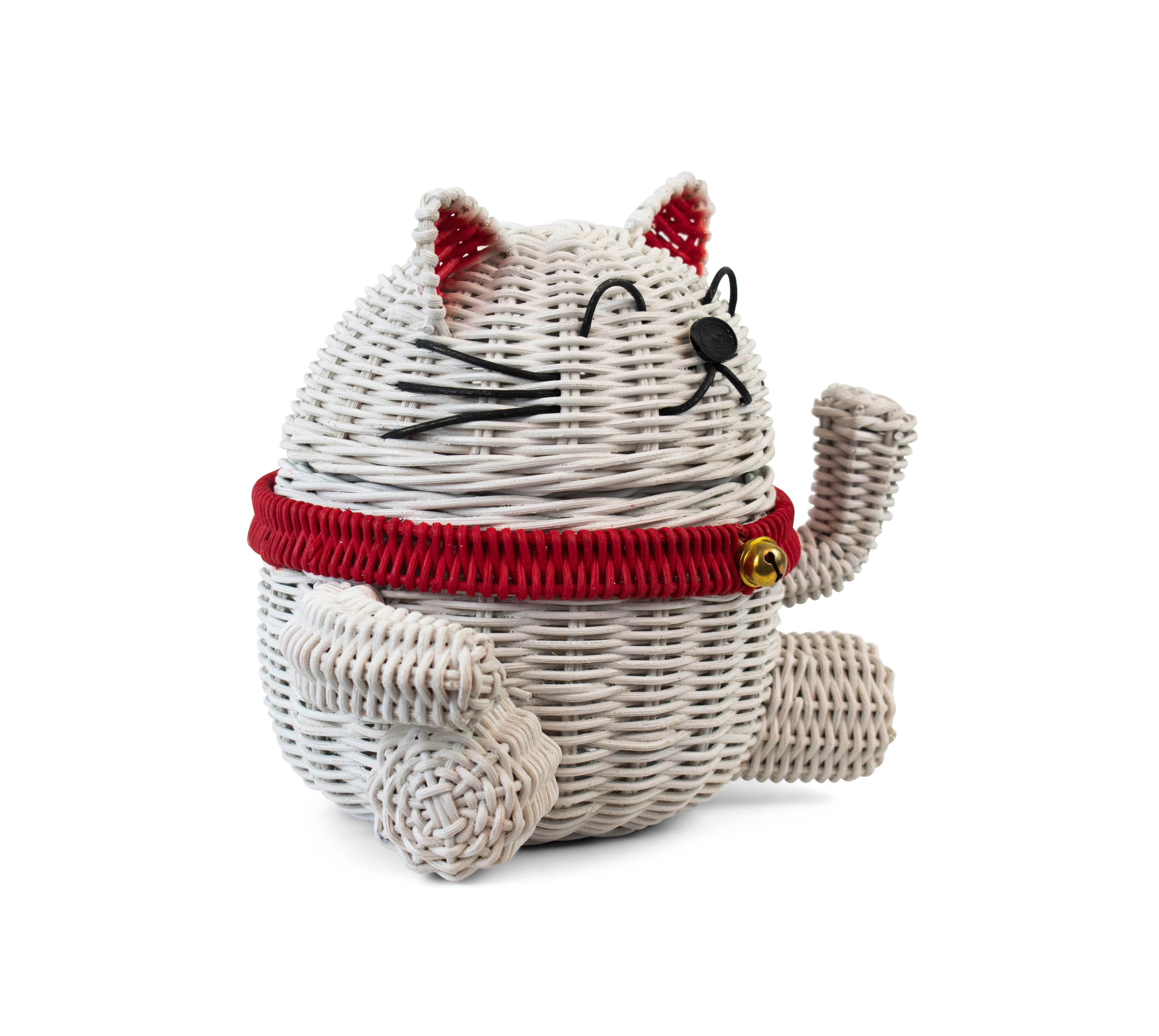 G6 Collection Lucky Cat Rattan Storage Basket with Lid Decorative Bin Home Decor Hand Woven Shelf Organizer Cute Handmade Handcrafted Gift Art Artwork Wicker Kitten