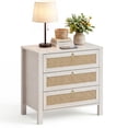 thumbnail image 3 of Large White Rattan Bedside Table with 3 Drawers - Boho Wood Bedside Table with Golden Handles - Wicker Side Table for Bedroom & Living Room - White Color, 3 of 7