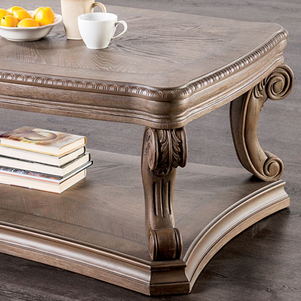 Furniture of America Protude Traditional Solid Wood 52-inch Coffee Table with Bottom Shelf, Weathered Oak
