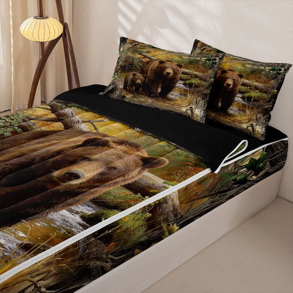 Homewish Brown Bear Family Kids Zipper Full Size Comforter Sets with Fitted Sheet and 2 Pillowcases, Jungle Wildlife Zipper Bedding Set, Black Reversible, 4pcs