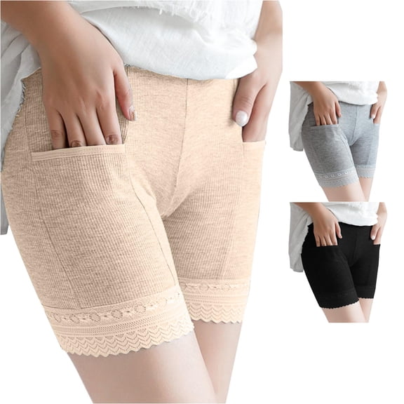 Jane Wardrobe Women's Ribbed Cotton Safety Shorts With Pockets, Lace Trim Anti-Chafing Under Dress Shorts, 1 Piece, S-M-L