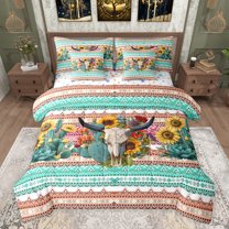 jejeloiu Retro Bull Skull 7-Piece Twin Bedding Sets,Geometric Rhombus Triangle Bedding Comforter Set,Sunflower Plant Desert Cactus Sheet Sets For Men Women,Super Cozy Room Decor Reversible