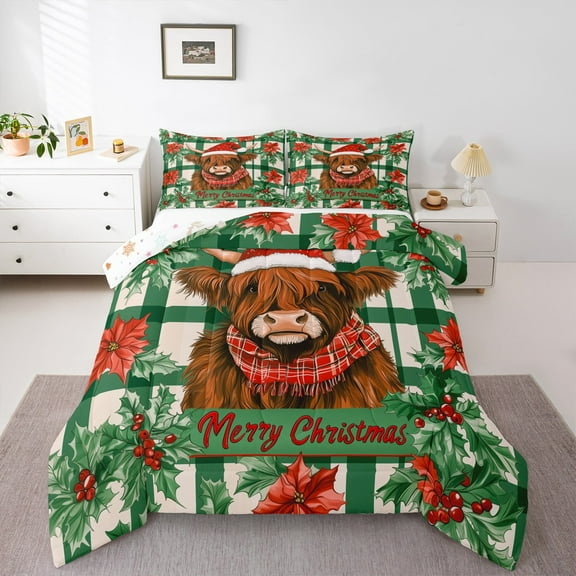 Castle Fairy Highland Cow 2pcs Bedding Comforter Set for Teens,Geometric Plaid Twin Comforter Sets,Happy New Year Breathable Bedding Set,Ultra Soft Home Decor