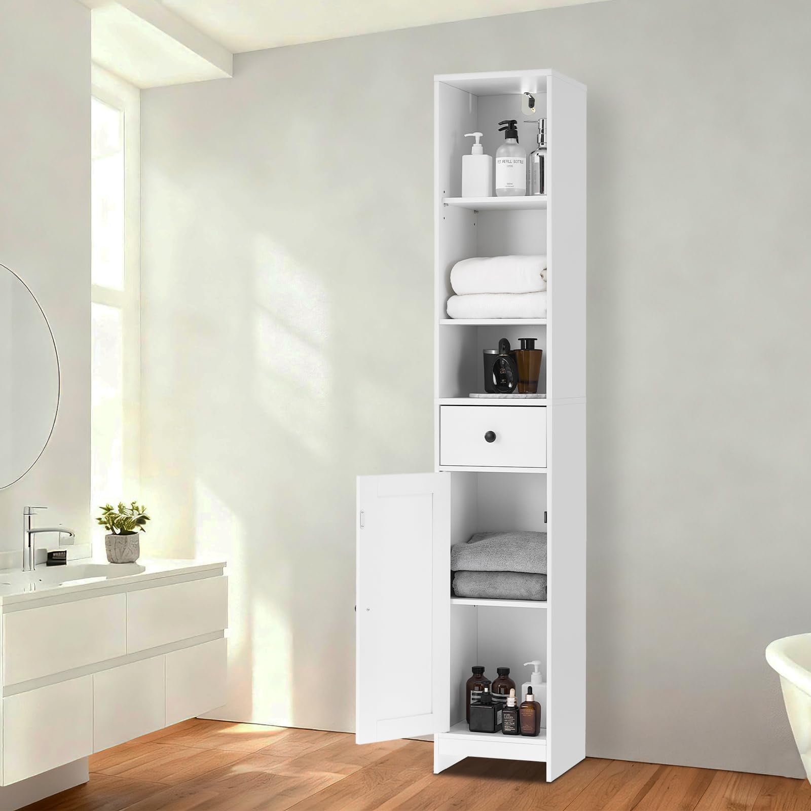 Gaderth Tall Narrow Bathroom Storage Cabinet, 66.9 Inch Freestanding Adjustable Multi-Functiona Shelf Organizer for Small Spaces, Kitchen, Hallway, Bathroom Organization
