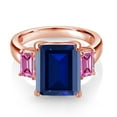 thumbnail image 2 of Gem Stone King 18K Rose Gold Plated Silver 3-Stone Ring Octagon Blue Simulated Sapphire and Vivid Pink Moissanite (7.84 Cttw, Size 8), 2 of 3