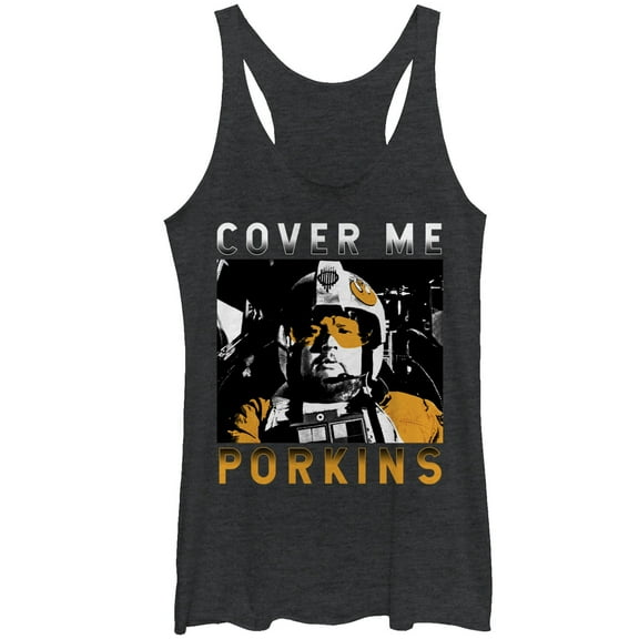 Women's Star Wars Cover Me Porkins  Racerback Tank Top Black Heather Small