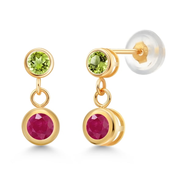 Gem Stone King 14k Yellow Gold Red Ruby and Green Peridot Two Stone Dangle Earrings for Women (0.94 Cttw, Gemstone July Birthstone, Round 4MM, Round 3MM)
