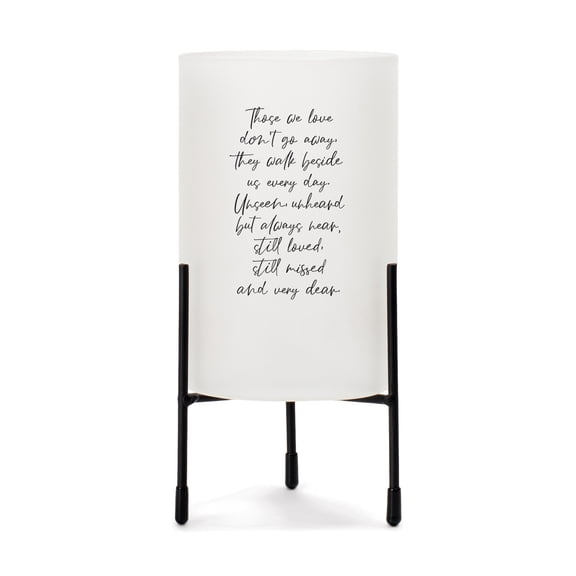 We Love Don't Go Away Classic White 8 x 4 Glass Hurricane Candle Holder