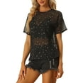thumbnail image 4 of INSPIRE CHIC Women's Party Sheer Short Sleeve Gilding Shiny Metallic Stars Top S Black, 4 of 5