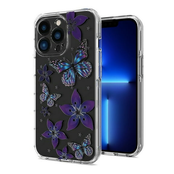 For Apple iPhone 13 (6.1") Hybrid Trendy Image Patterns Design Transparent Hard Back Shockproof TPU Rubber Protective Phone Case Cover by Xpression [Butterflies]