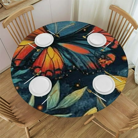 

Patifu Butterflies Stars Sky Round Tablecloth 100% Polyester Stain-Resistant Washable for Indoor Outdoor Restaurants Weddings Parties 46 -50