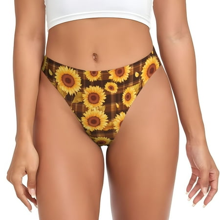 Qokaie Vintage Brown Plaid Sunflower Printed Women s Cotton Thong Underwear  Sexy Breathable Panties G-string -XX-Large
