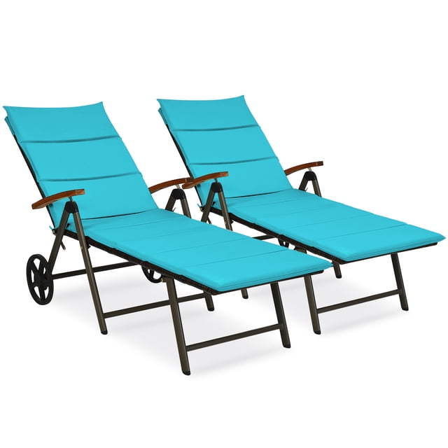 Topbuy Lot de 2 Chaises Longues Pliantes d'Extérieur en Rotin, Fauteuils Inclinables Rembourrés avec Roues et Coussin Turquoise