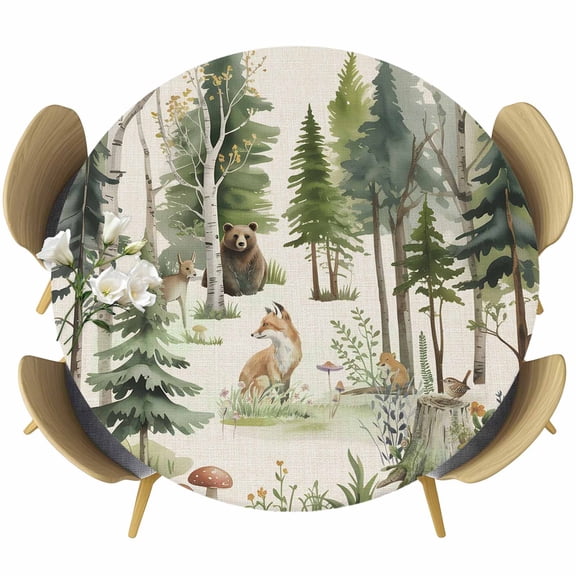 Forest Animal Round Fitted Tablecloth with Elastic Edge, Woodland Trees Bear Fox Deer Bird Watercolors Stretch Table Covers for 55"-60" Tables Wipeable Table Cloth for Outdoor