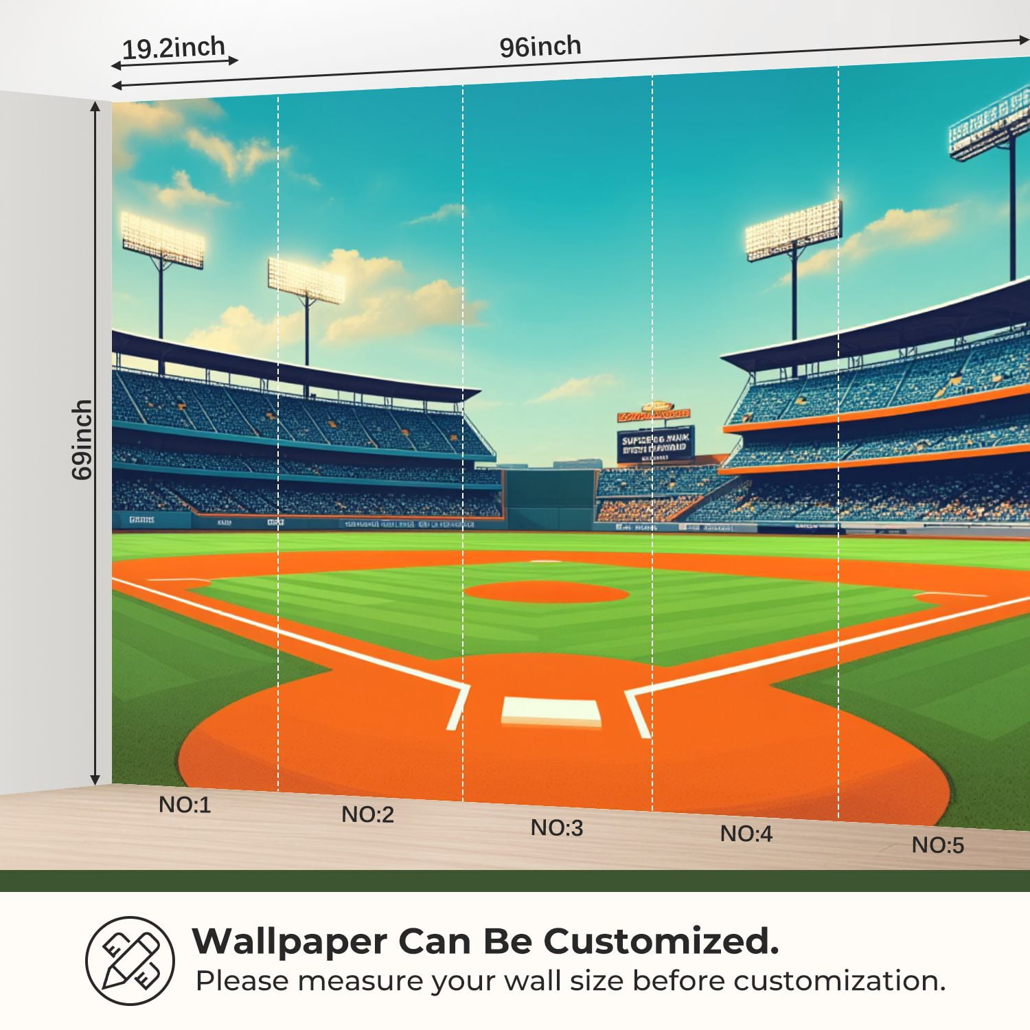 69"x98" Wall Mural Peel and Stick Wallpaper Baseball Stadium Bright Sky Empty Seats Wall Decor Self Adhesive Removable Wall Stickers for Bedroom Living Room
