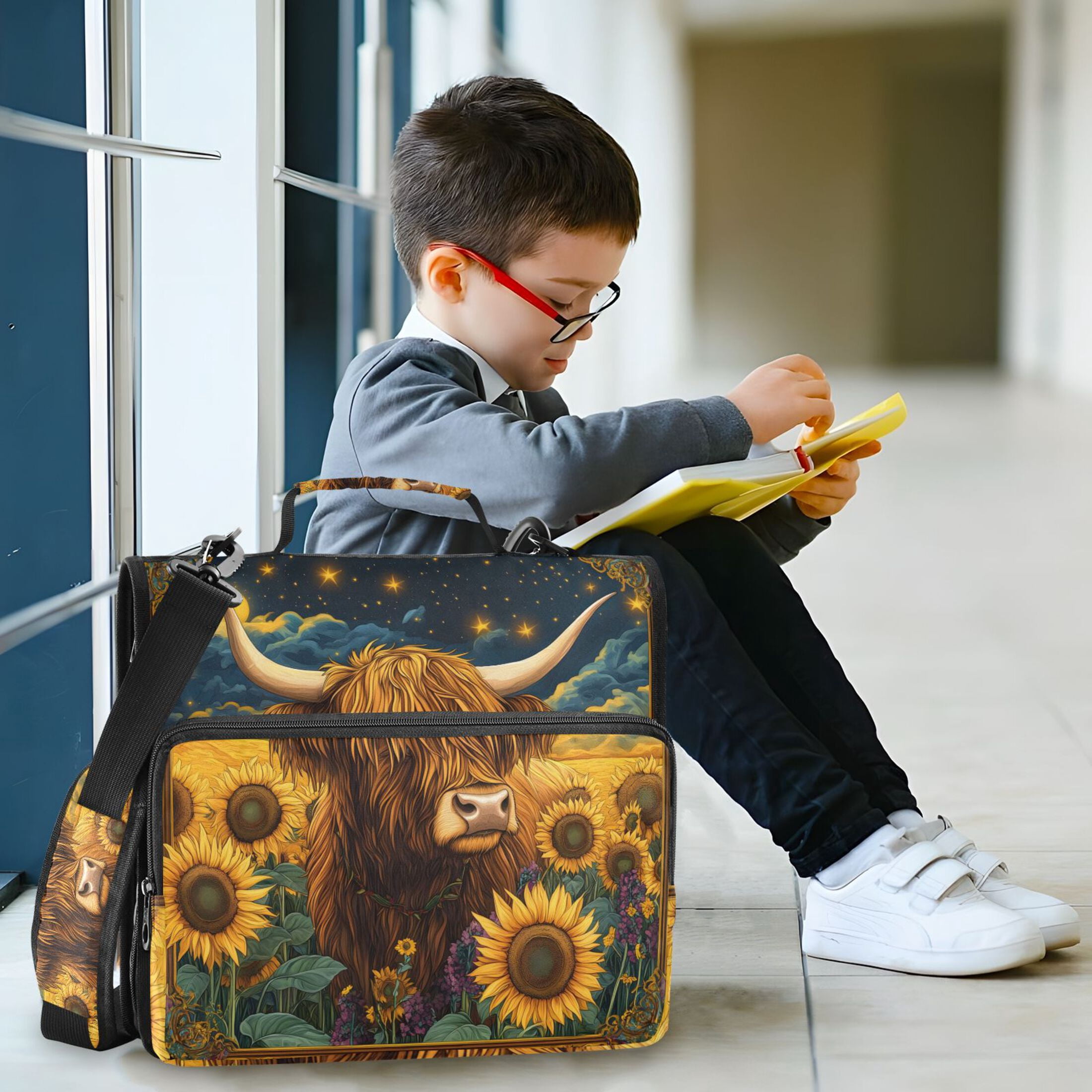 3 Ring Zipper Binder with Shoulder Strap Waterproof Trapper Keeper 2 Inch D-Ring 500 Sheets Capacity Highland Cow in Sunflowers Field