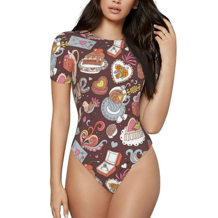 Vsdgher Love Heart Prinr Short Sleeve Body suit for Womens  Sexy Onesie One Piece Round Neck Bodysuit Shapewear Tummy Control-XX-Large