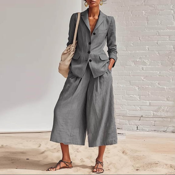 Fwqbns Women's 2 Piece Outfits Dressy Long Blazer Jackets High Waisted Wide Leg Pants Suits Set Business Casual Work Office Wear Elegant Suit for Daily