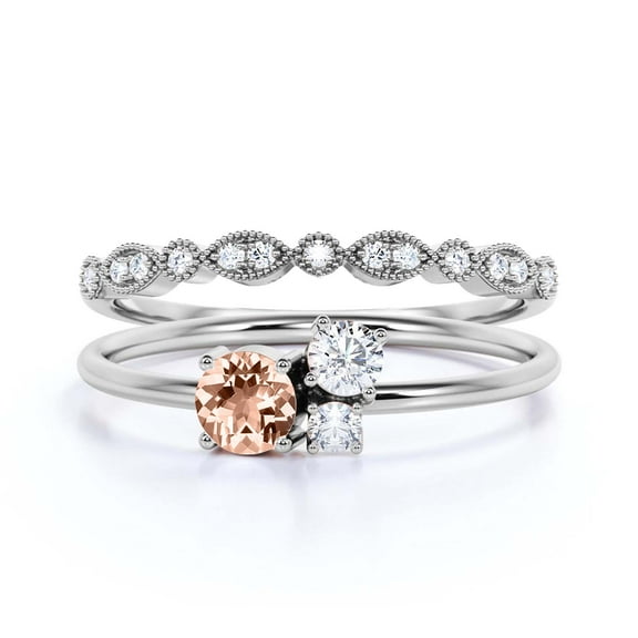 Unique 3 Stone Minimalist 1.05 Carat Round Morganite Engagement Ring, Trilogy Ring, Wedding Ring in 925 Sterling Silver With 18k White Gold Plating, Bridal Set, Matching Band