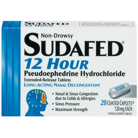 Sudafed 12 Hour Long-Acting Nasal Decongestant Coated Caplets, 120 mg, 20 count