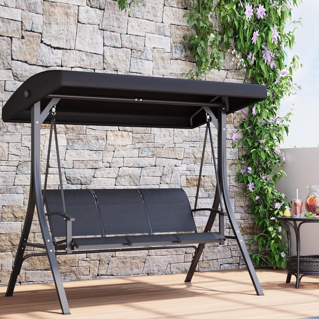 Chaise Balançoire de Patio Extérieure à 3 Places, Banc à Bascule à Auvent Réglable avec Coussins Épais, Cadre en Acier Robuste, Mobilier de Balançoire Imperméable et Résistant aux UV pour Jardin, Cour Arrière, Terrasse, Bord de Piscine, Noir
