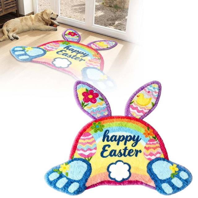 Velvet Easter Bunny Welcome Mat for Front Door - Absorbent Durable Floor Rug with Non- Backing 90cm/354in Decorative Bunny Design Carpet 2