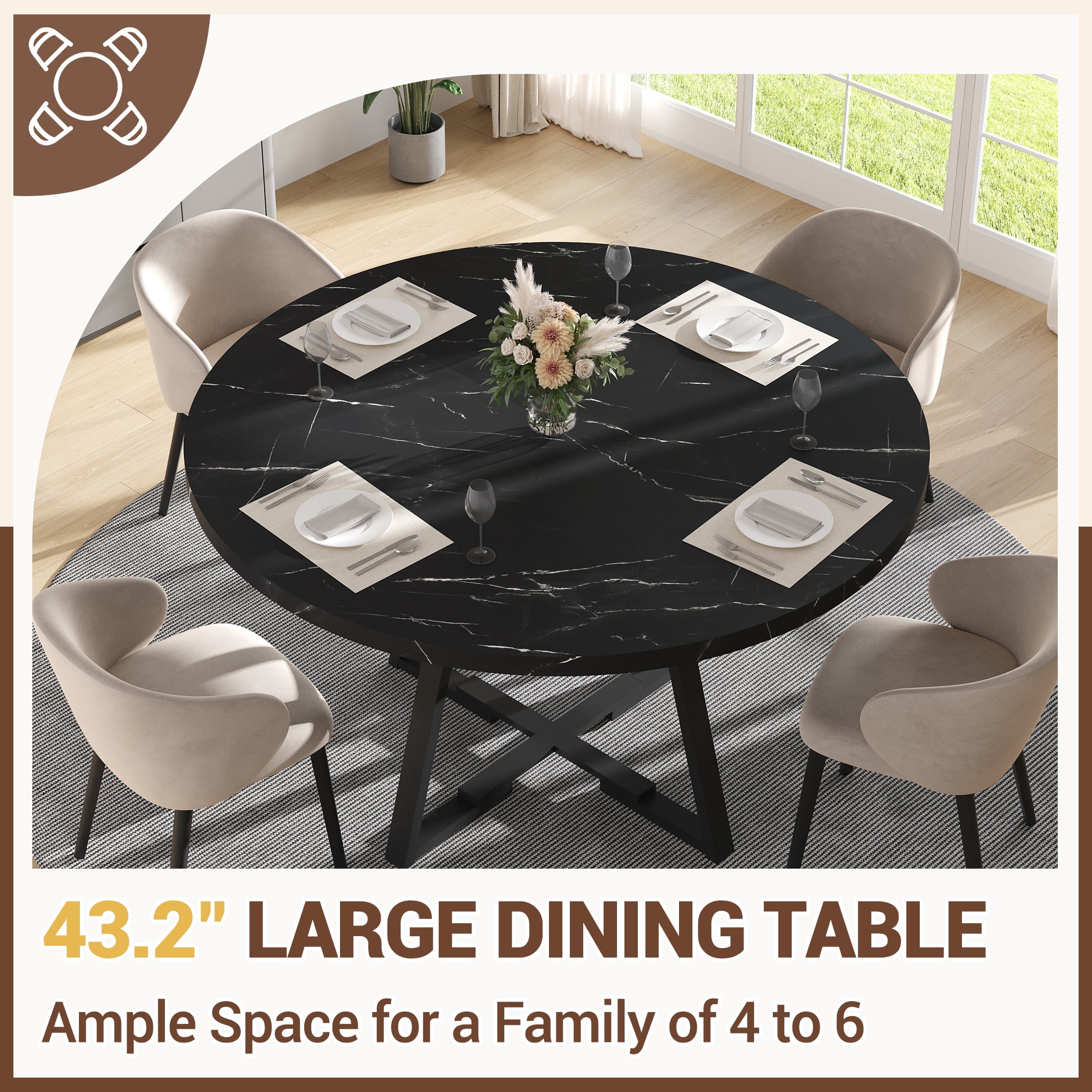 UHOMEPRO Round Kitchen Table for 4, Faux Marble Dining Table with Storage Shelf, Modern High Glossy Dining Room Table with Sturdy Cross-Shaped Base Support (Only Table), Black