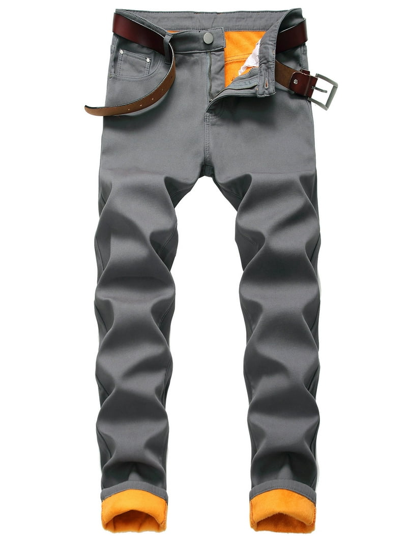 Frontwalk Men Denim Pants Thicken Plush Trousers Mid Waist