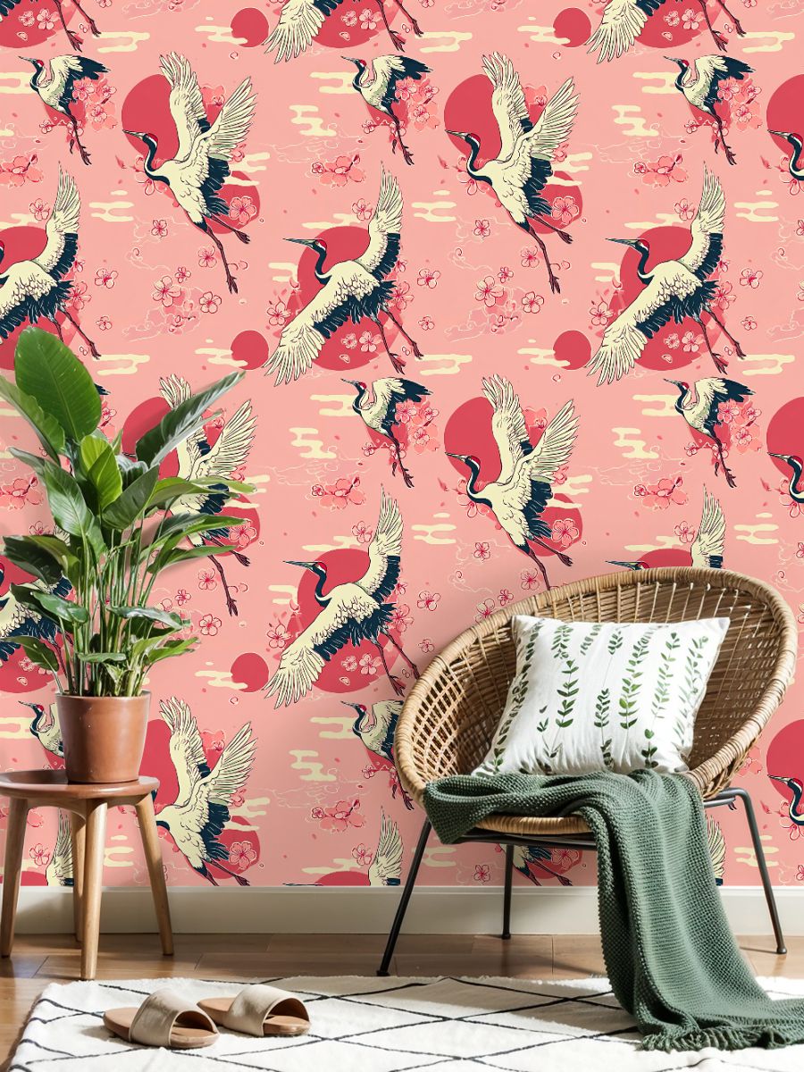 Crane Peel and Stick Wallpaper 23.6in x 9.8ft Cranes Cherry Blossoms Red Sun Retro Contact Paper Vinyl Waterproof Self Adhesive Wall Paper for Bedroom Shelf Cabinet Renter Friendly